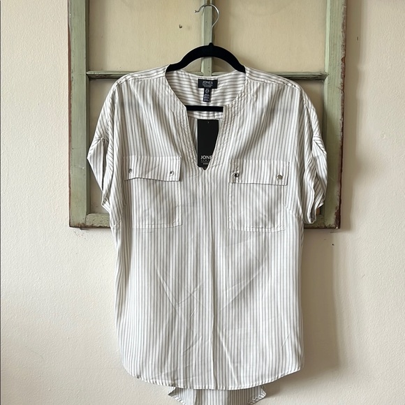 NWT Vintage Jones New York SS Pullover Top Size S Off White Green Stripe - Picture 1 of 11